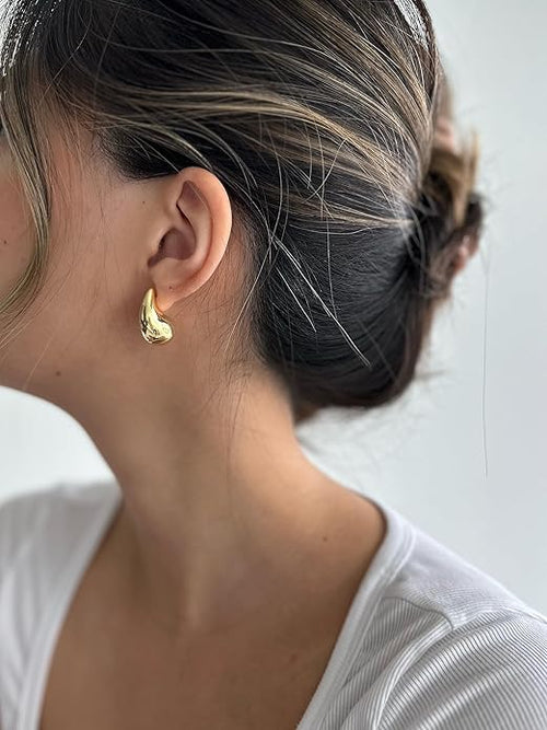 14K Gold Plated 925 Sterling Silver Post Teardrop Chunky Hoop Earrings - Lightweight Drop Earrings for Women